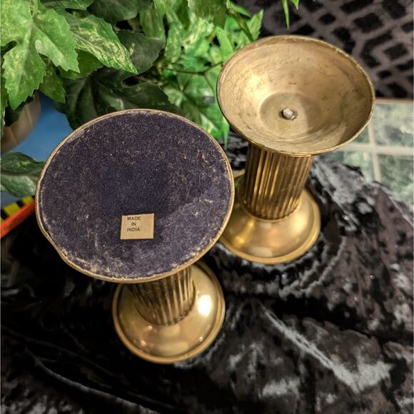 Two Vintage Solid Brass Thick Olympic Style Column Fluted Center Candle Holders - Picture 7 of 8